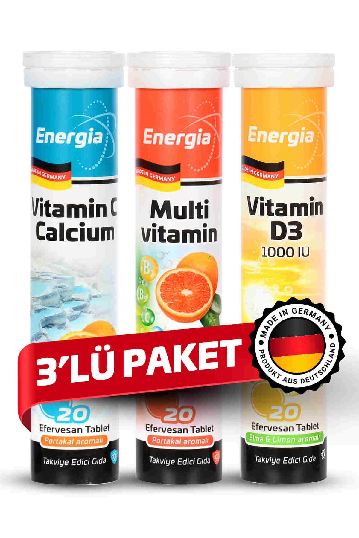 Energia® Vitamin C ve Kalsiyum + Multivitamin + Vitamin D Efervesan Tablet Takviye Edici Gıda