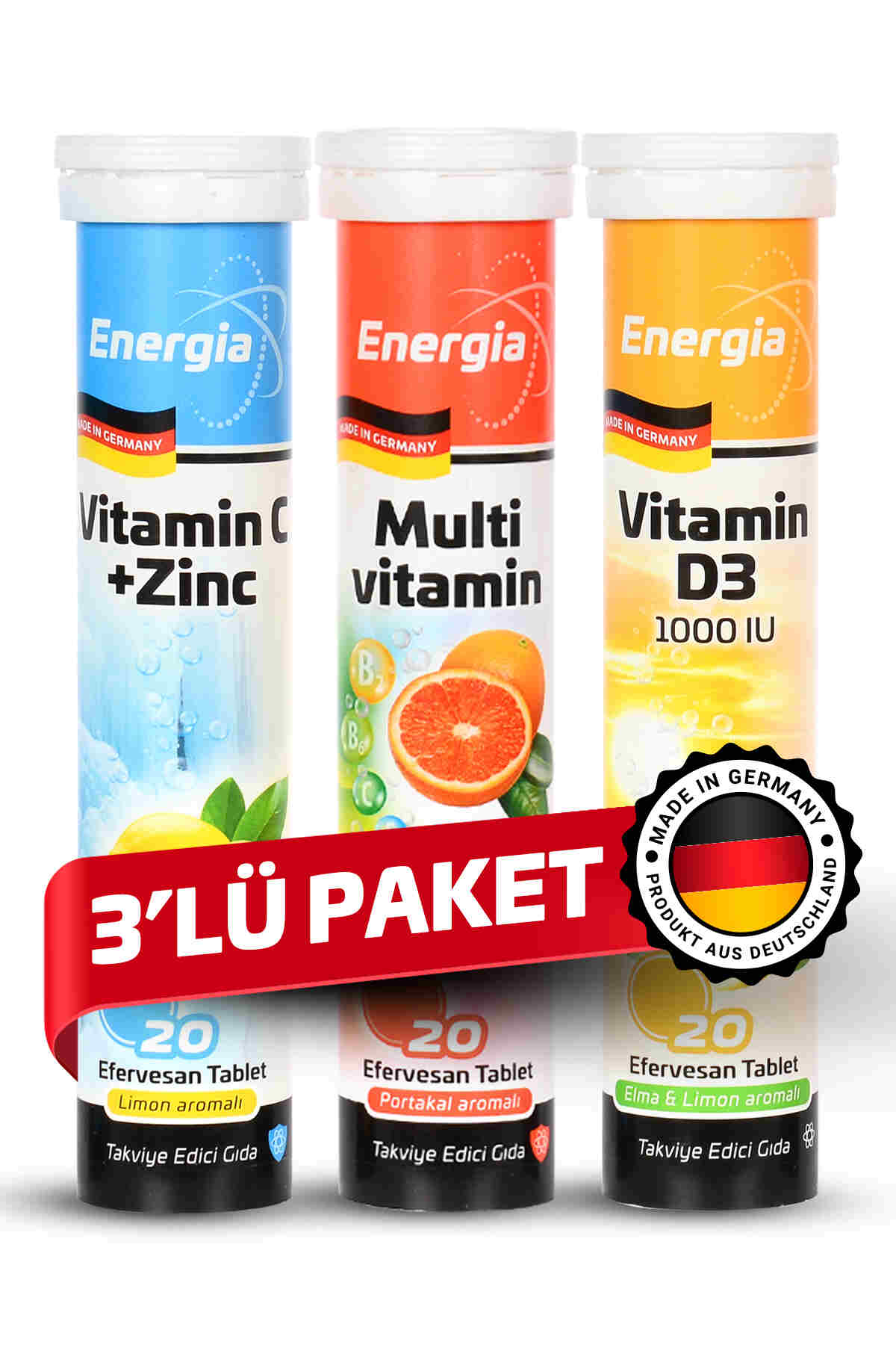 Energia® Vitamin C ve Çinko + Multivitamin + Vitamin D Efervesan Tablet Takviye Edici Gıda